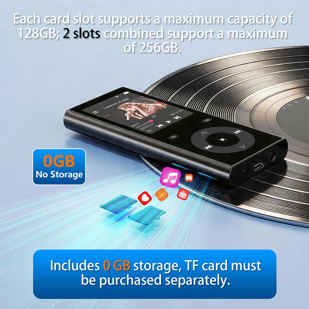 Two TF card slots on the PlayerPure MP3 player expand your music library.