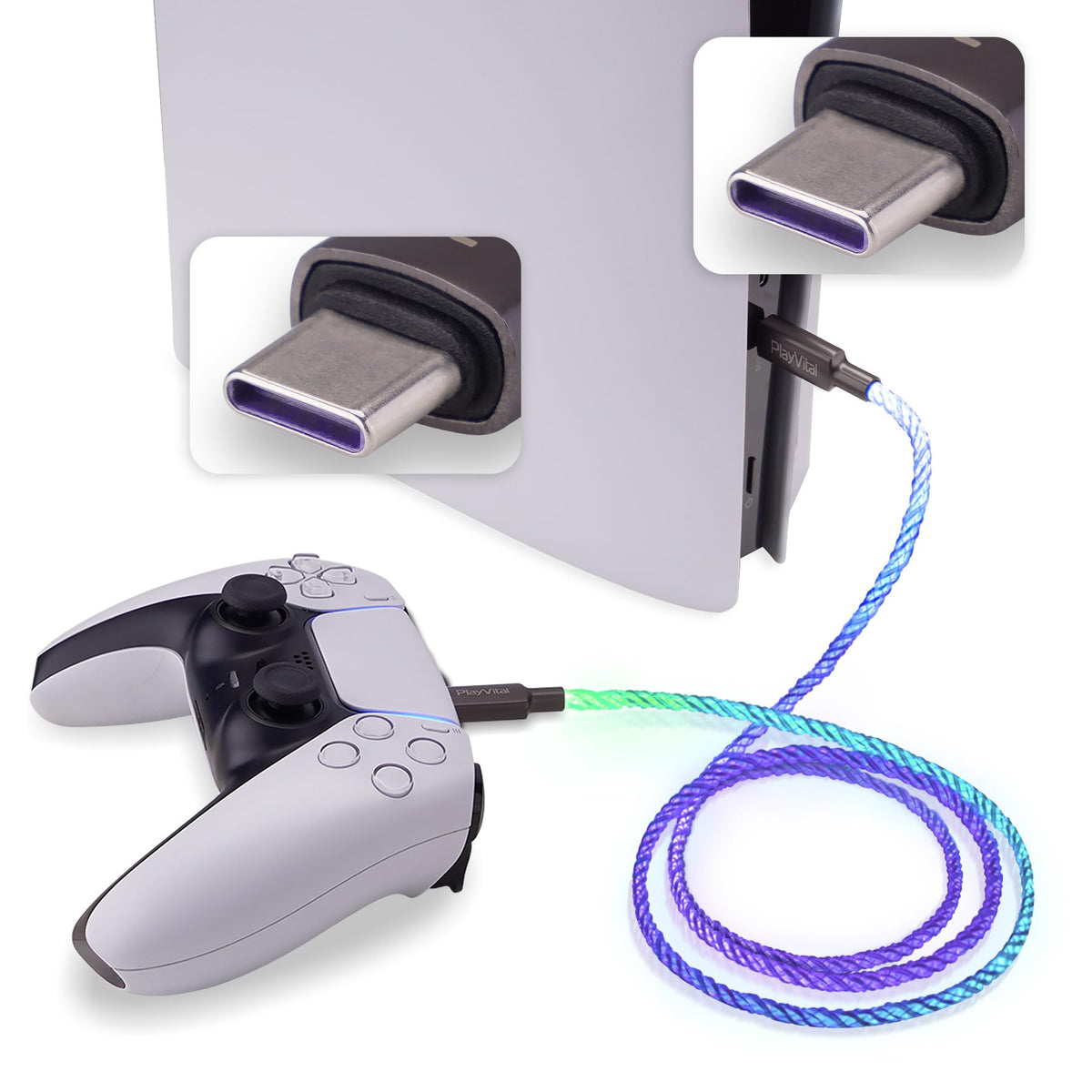 PlayVital Type-C to Type-C LED charger for PS5 controller with stable charging during long sessions