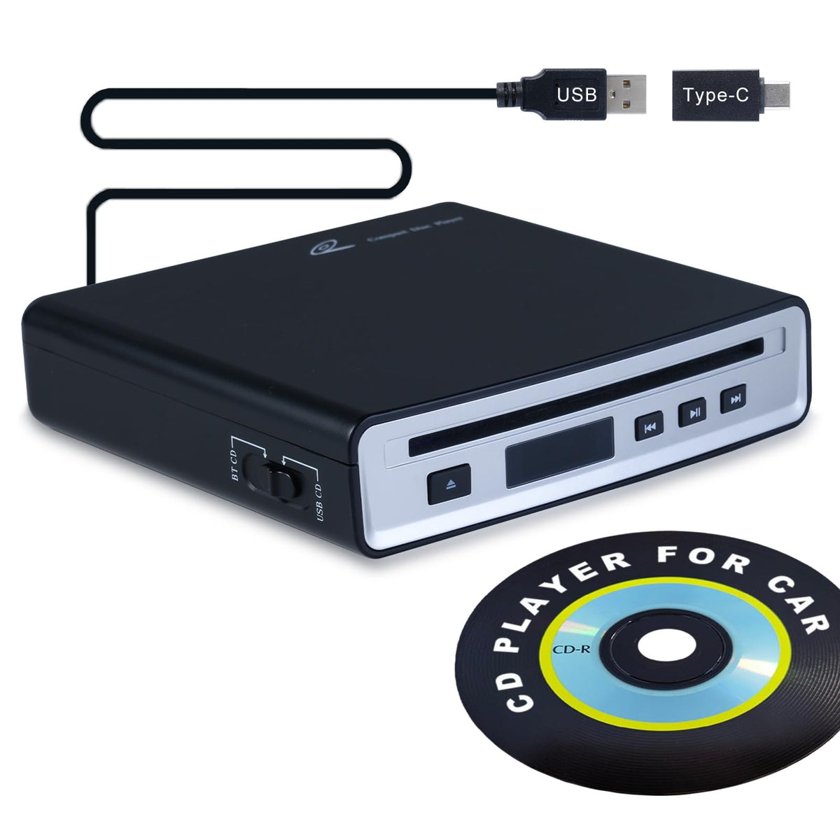 Pledei portable CD player car front view demonstrates a compact design for small dashboards.
