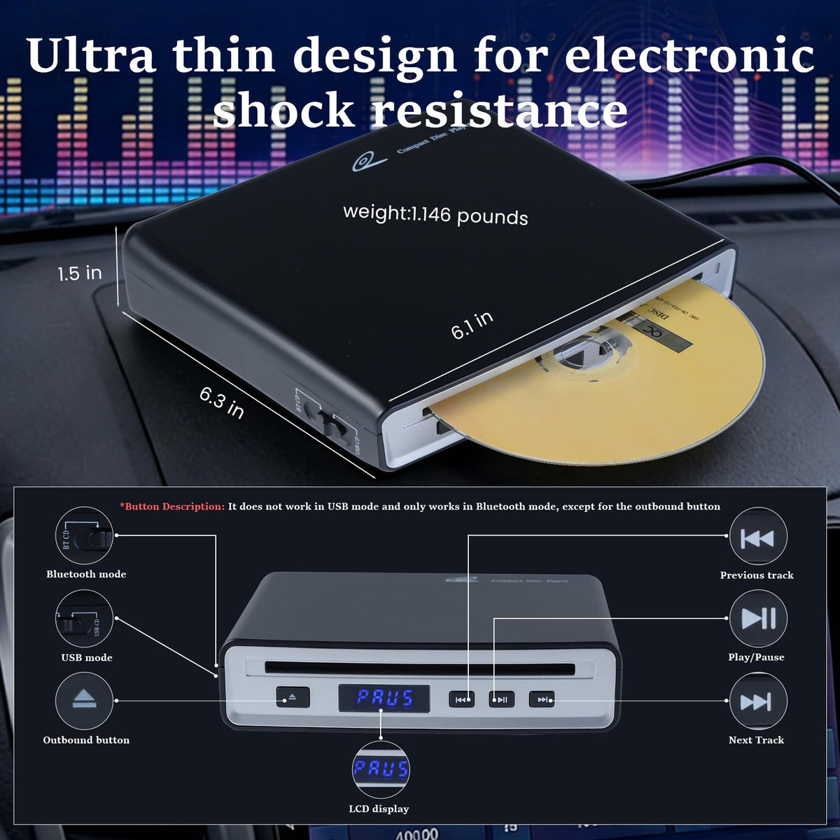 Pledei portable CD player supports MP3, CD-R, CD-RW for broad format compatibility.