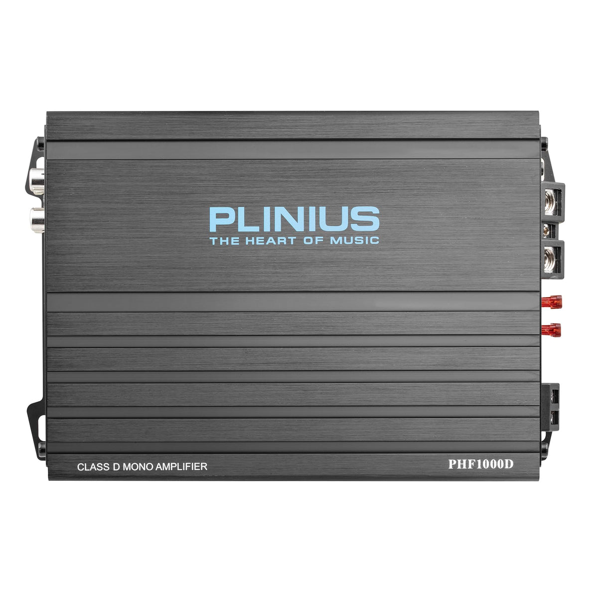 PLINIUS PHF1000D front view showing compact, high-power car amplifier for subwoofers