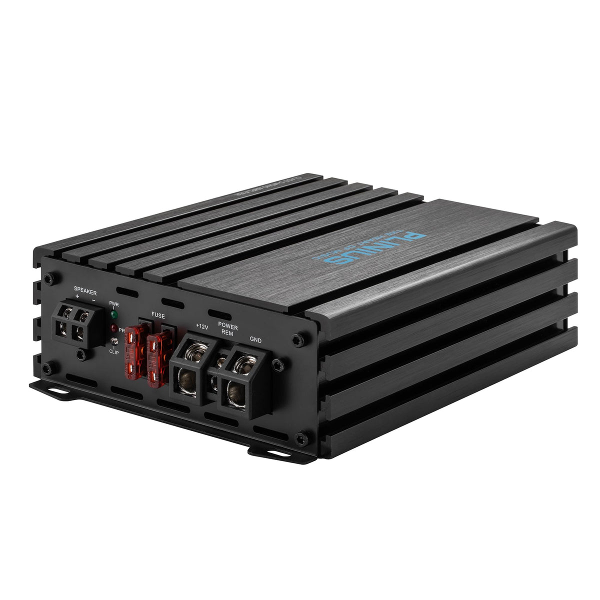 PLINIUS PHF1000D rear wiring area demonstrates 1-4 ohm compatibility for subwoofers