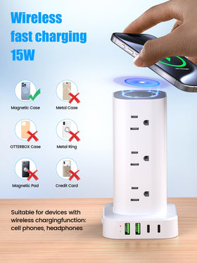 Pluackg AC outlets detail showing 12 sockets that prevent adapter crowding