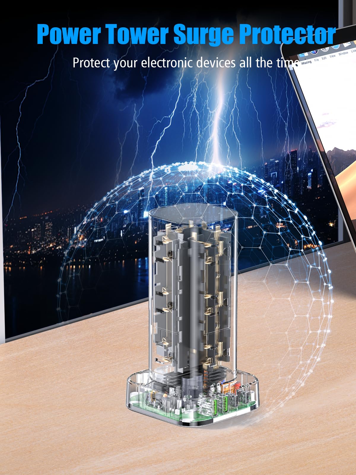 Pluackg rear label and surge protector markings showing safety features