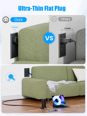 Pluackg flat plug and 10ft cord detail for easy placement behind furniture