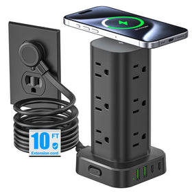 Pluackg front view of tower showing all outlets and USB ports for organized charging