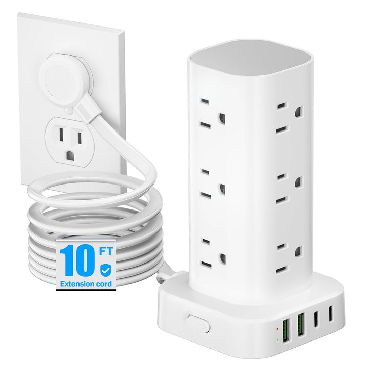 Pluackg front tower view showing outlets and neat layout for more devices