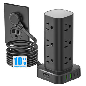 Pluackg front view of tower showing outlets and compact footprint for organized charging