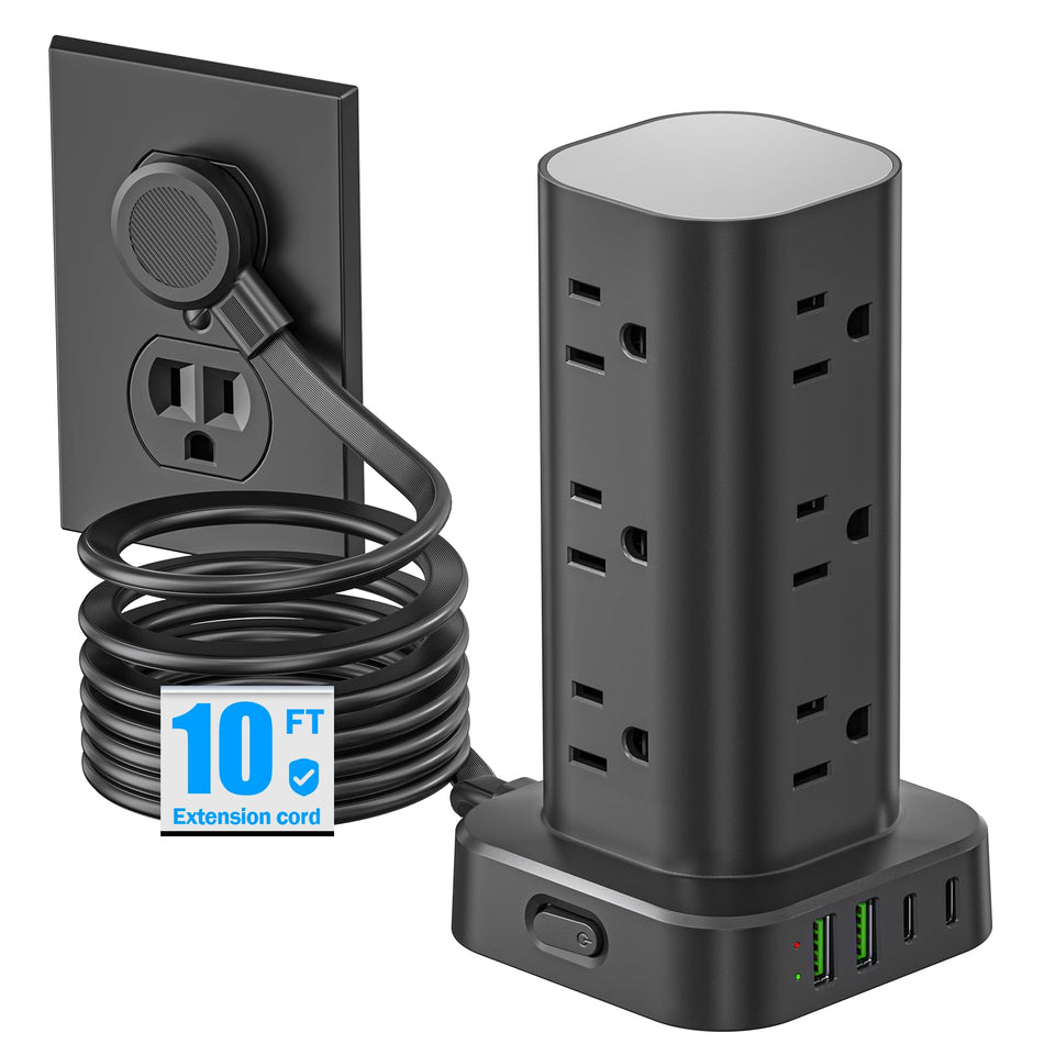 Pluackg front view of tower showing outlets and compact footprint for organized charging