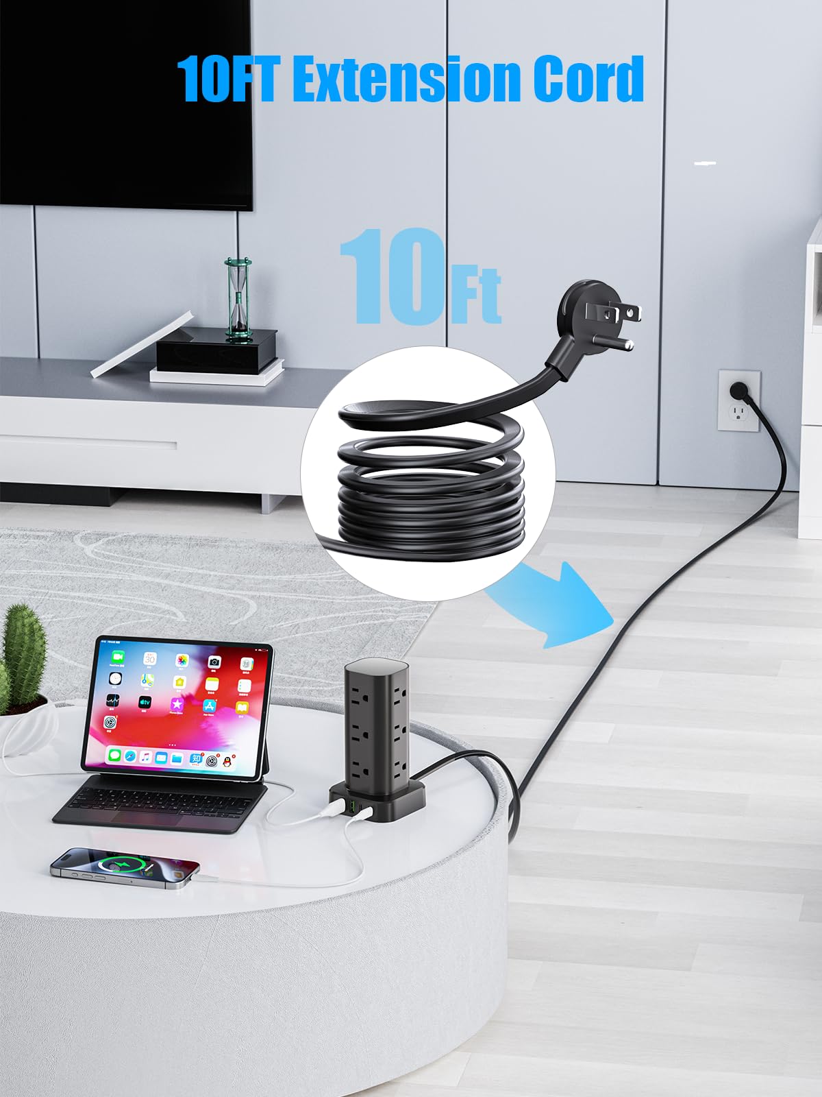 Pluackg tower in use on a desk powering laptop, lamp and phone for clutter reduction