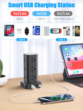 Pluackg powering multiple devices on a busy office desk for convenient charging