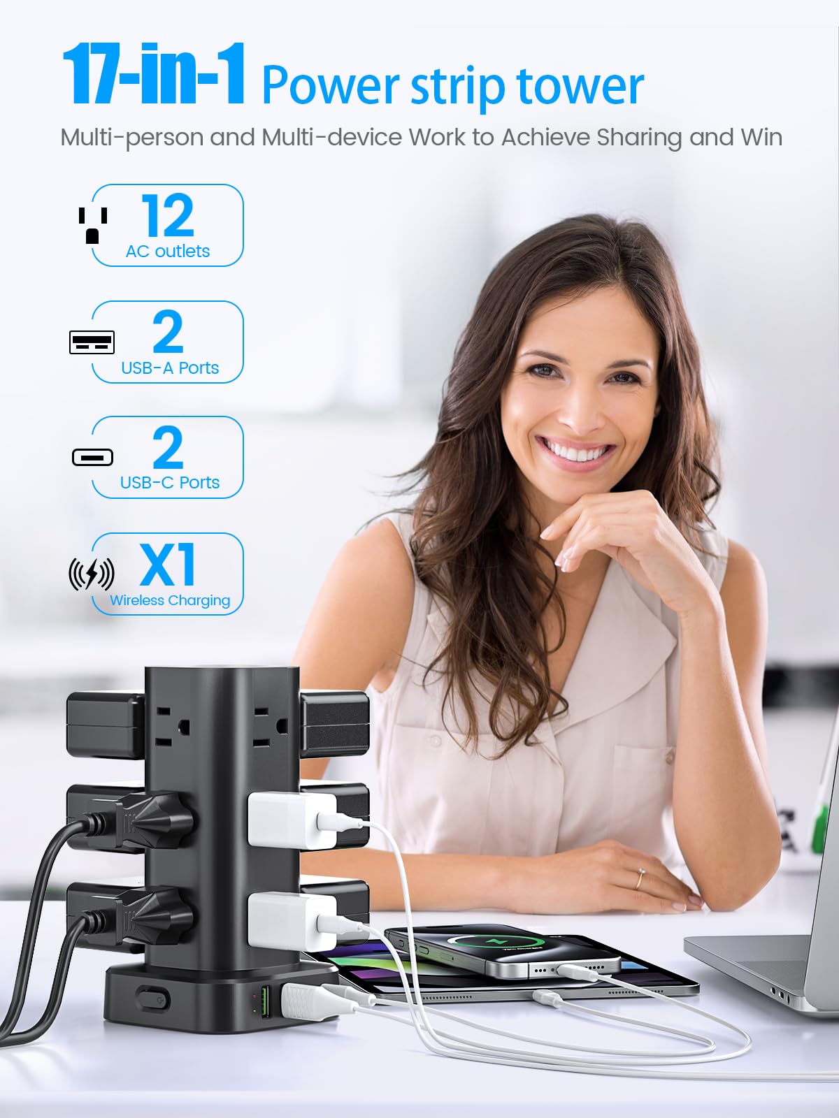 Pluackg side view showing evenly spaced AC outlets to fit large adapters