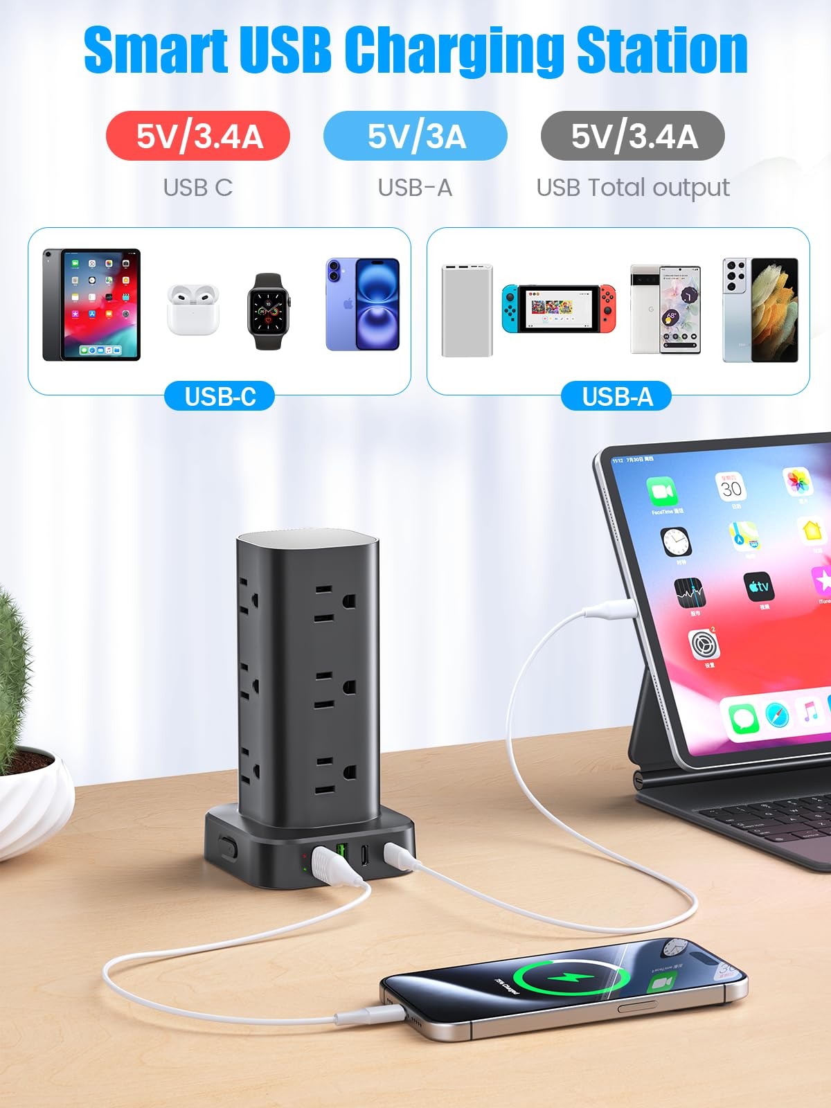 Pluackg tower on desk next to laptop showing compact vertical space-saving benefit