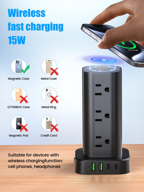 Pluackg top wireless pad close-up highlighting 15W fast charging capability