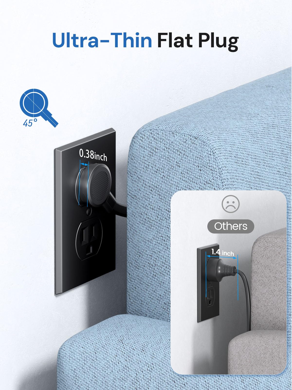 Pluackg Tower flat plug design fits behind furniture for a clean setup.