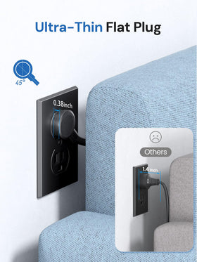 Pluackg Tower flat plug design fits behind furniture for a clean setup.