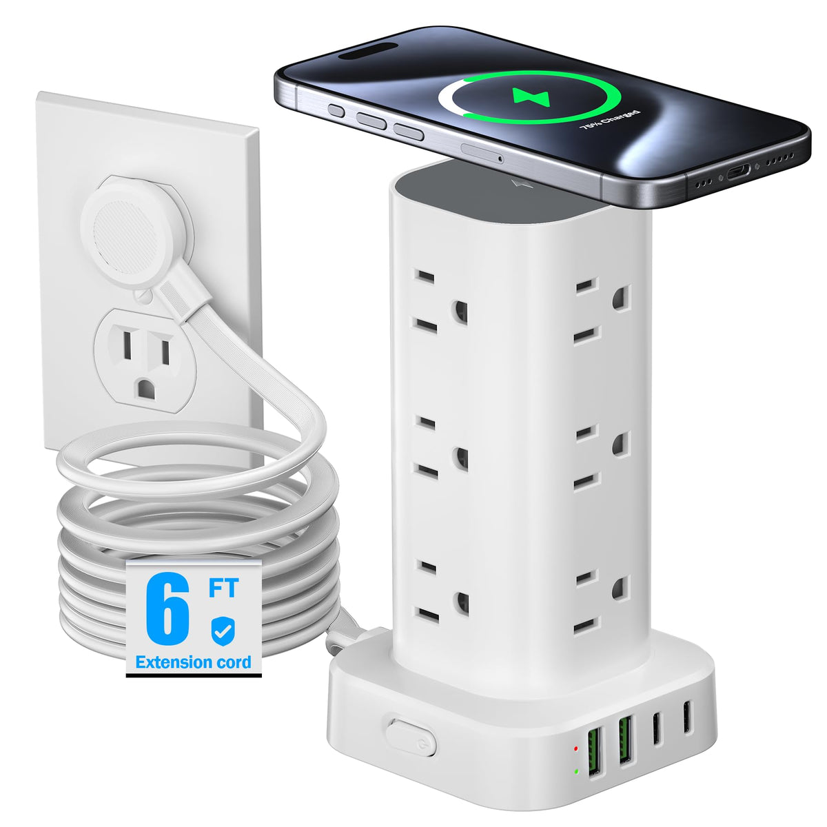 Pluackg tower front view showing outlets and wireless charger for streamlined charging