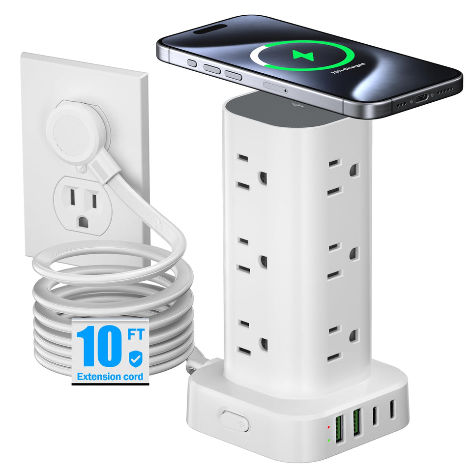 Pluackg tower front view showing outlets and wireless pad, organizing workspace