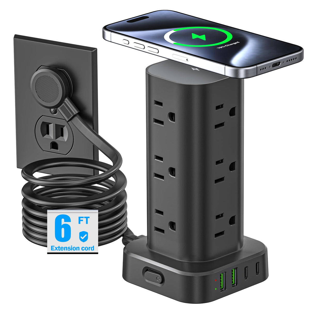 Pluackg front view of tower showing all outlets and wireless pad for organized charging