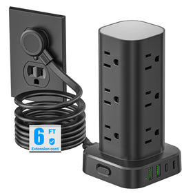 Pluackg Tower Power Strip with twelve outlets for organized desk charging.