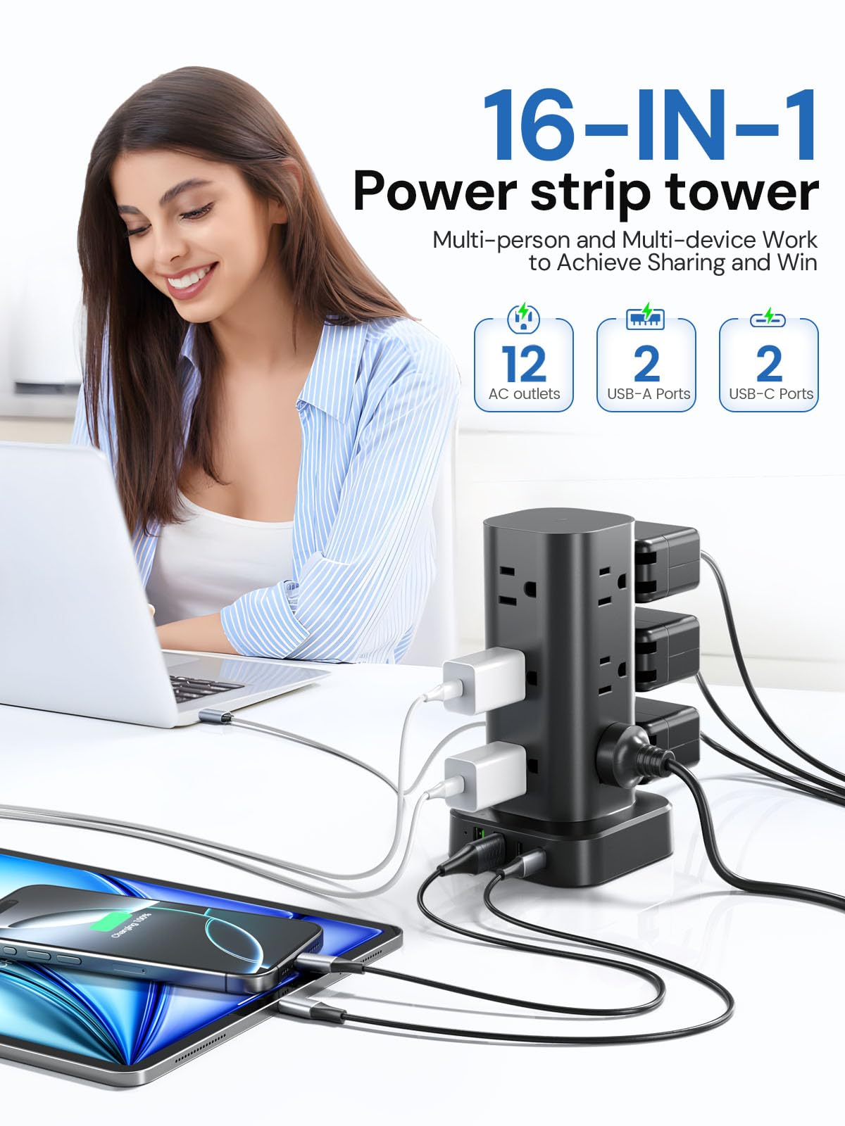 Pluackg Tower Power Strip with four USB ports for quick device charging.