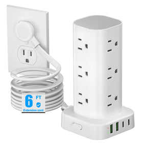 Pluackg tower power strip with flat 6ft cord for tidy office and home use.