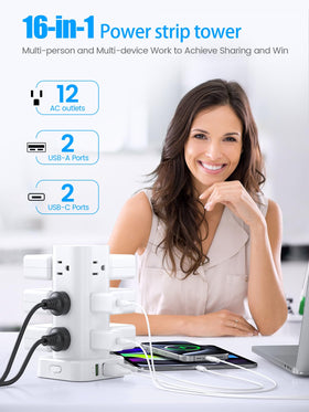 Pluackg surge-protected power strip with 12 outlets for comprehensive device charging.