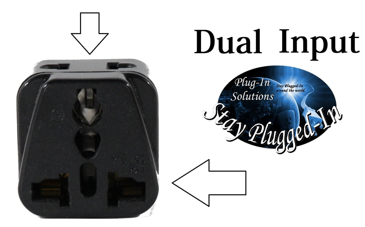 Plug-in-Solutions adapter plugged into hotel wall outlet powering a phone charger