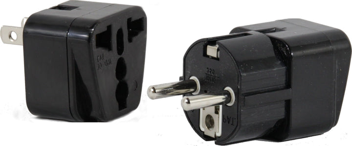 Plug-in-Solutions front packaging showing pack of two adapters and travel icons