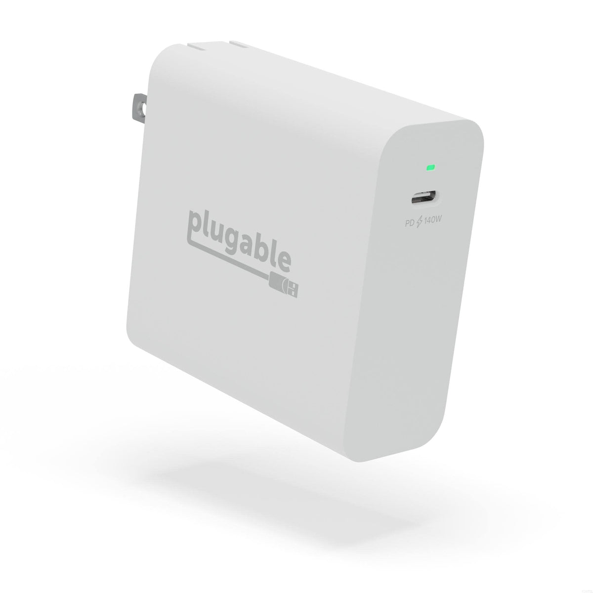 Plugable 140W GaN USB-C charger front view showing compact design for fast charging