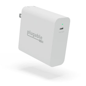 Plugable 140W GaN USB-C charger front view showing compact design for fast charging