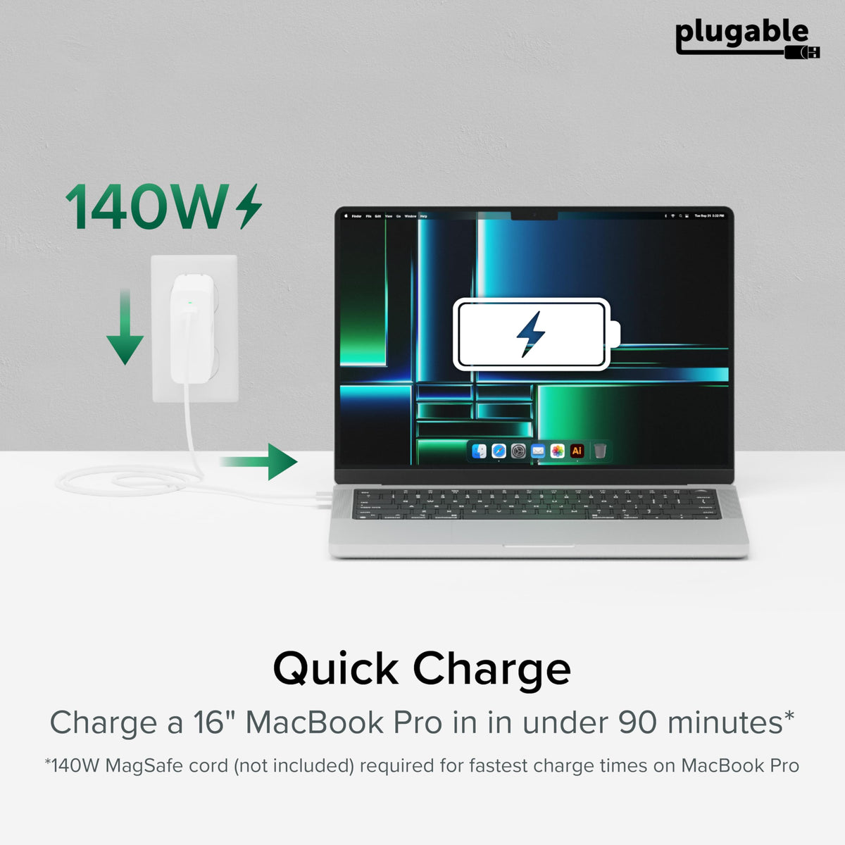 Plugable 140W GaN charger in use with MacBook Pro demonstrating high power delivery
