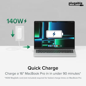 Plugable 140W GaN charger in use with MacBook Pro demonstrating high power delivery