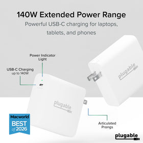 Plugable 140W GaN USB-C charger side view highlighting single USB-C port