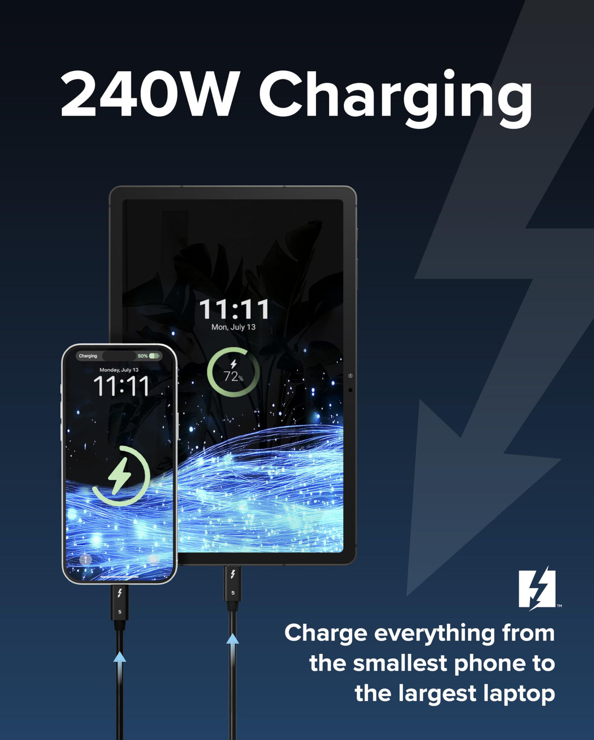 Plugable cable connected to laptop showing fast data and power delivery