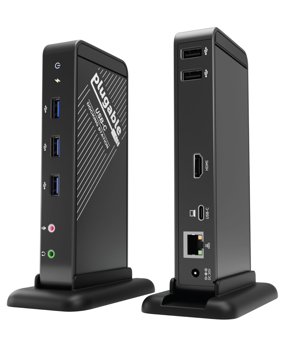 Plugable dock front ports view showing HDMI and multiple USB ports for desk convenience