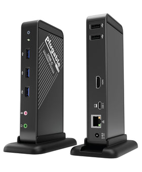 Plugable dock front ports view showing HDMI and multiple USB ports for desk convenience