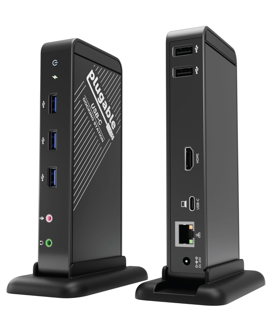 Plugable dock front ports view showing HDMI and multiple USB ports for desk convenience