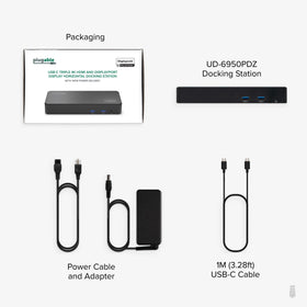 Plugable docking station beside Mac and Windows laptops for plug-and-play use
