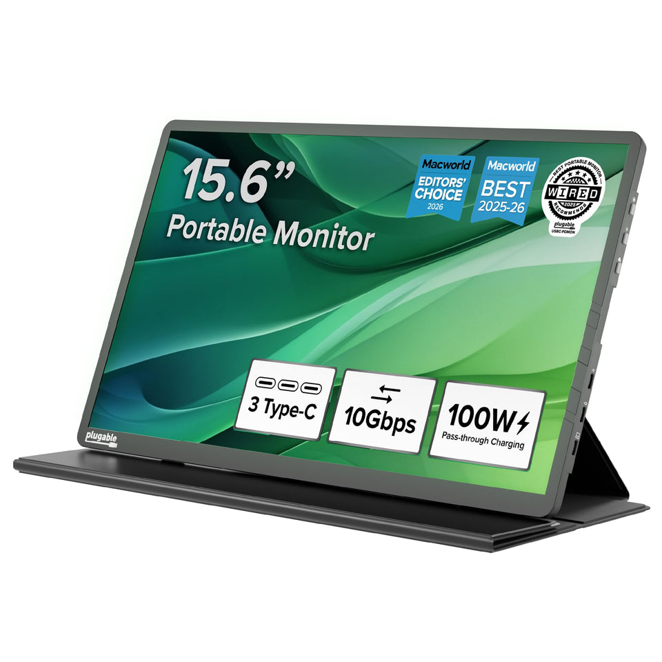 Plugable portable monitor cover and stand for travel.