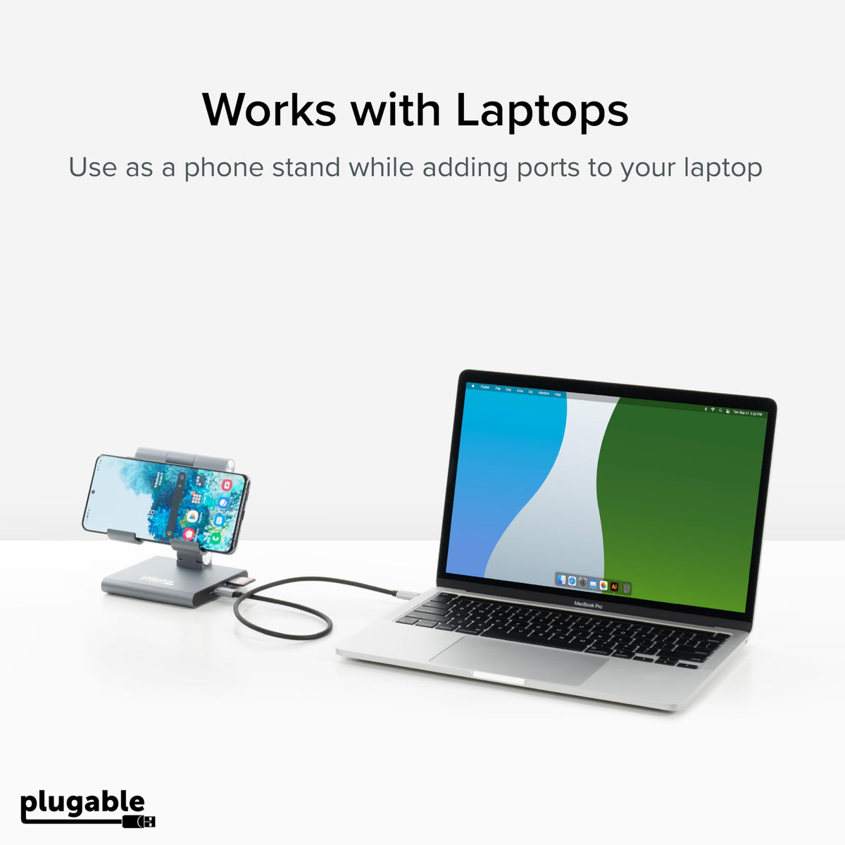 Plugable stand angle adjusts for comfortable viewing and typing