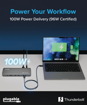 Plugable TBT-UDM 100W charging powers a MacBook during work sessions