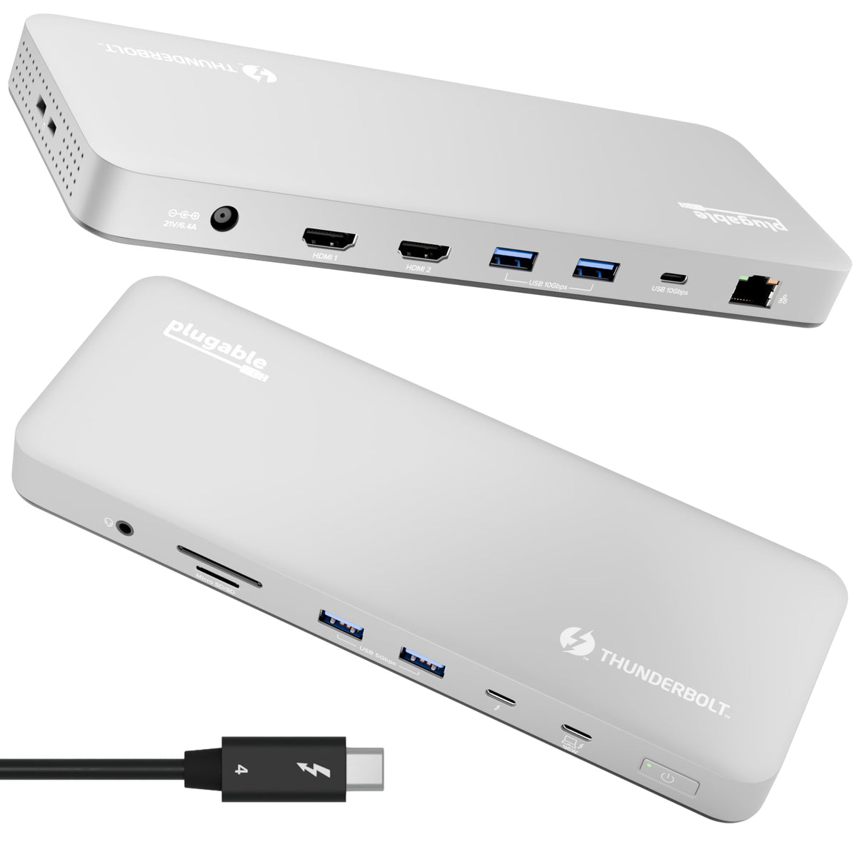 Plugable TBT-UDM dock front view showing sleek space-gray chassis and accessible ports