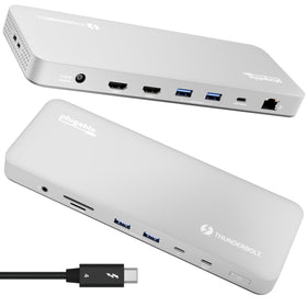 Plugable TBT-UDM dock front view showing sleek space-gray chassis and accessible ports