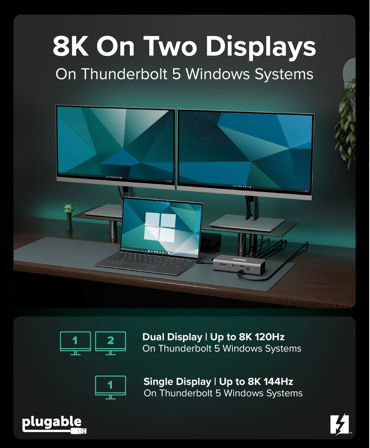 Plugable TBT-UDT3 displays connected for Mac and Windows high-resolution output.
