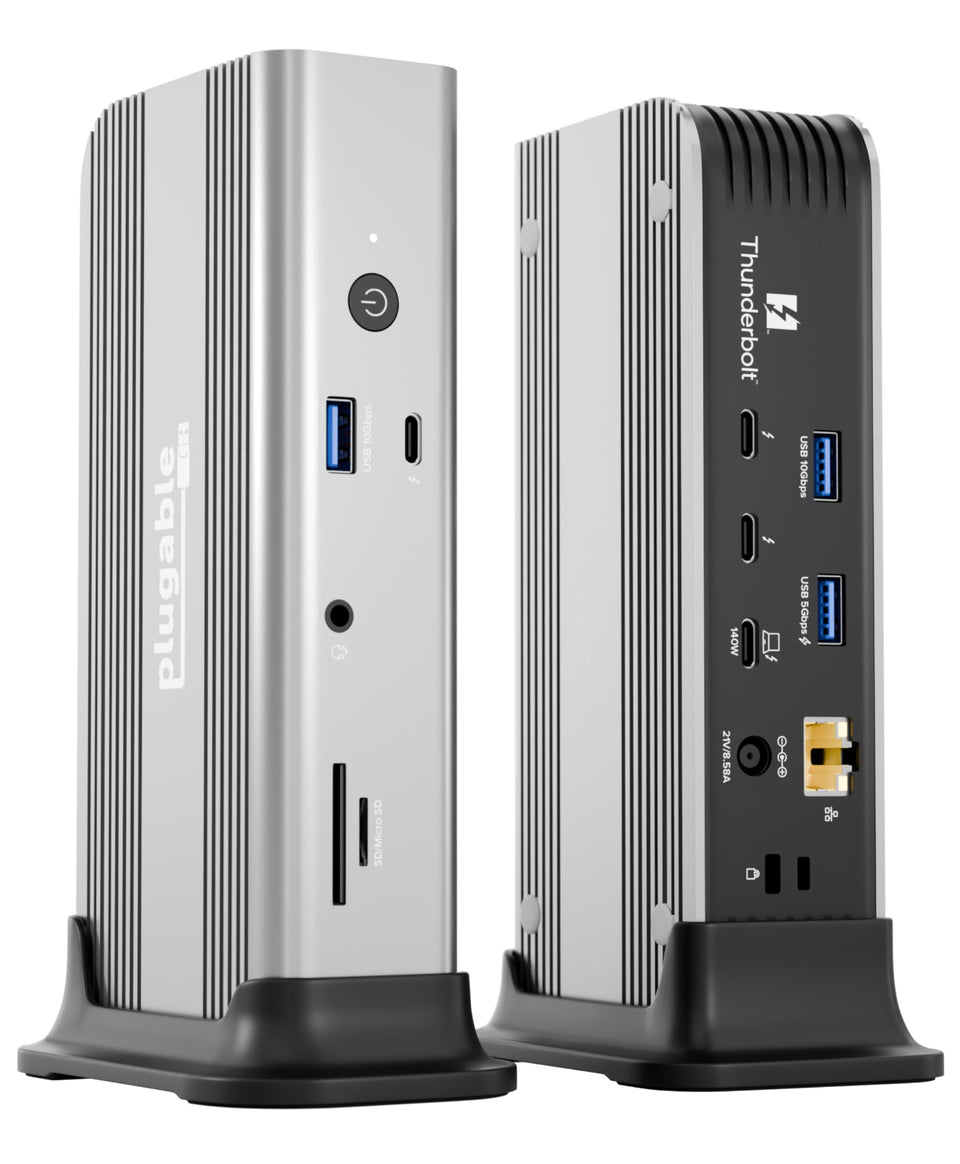 Plugable TBT-UDT3 front view with accessible ports for quick setup.