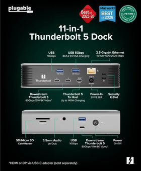 Plugable TBT-UDT3 upstream 140W charging detail powering a laptop.