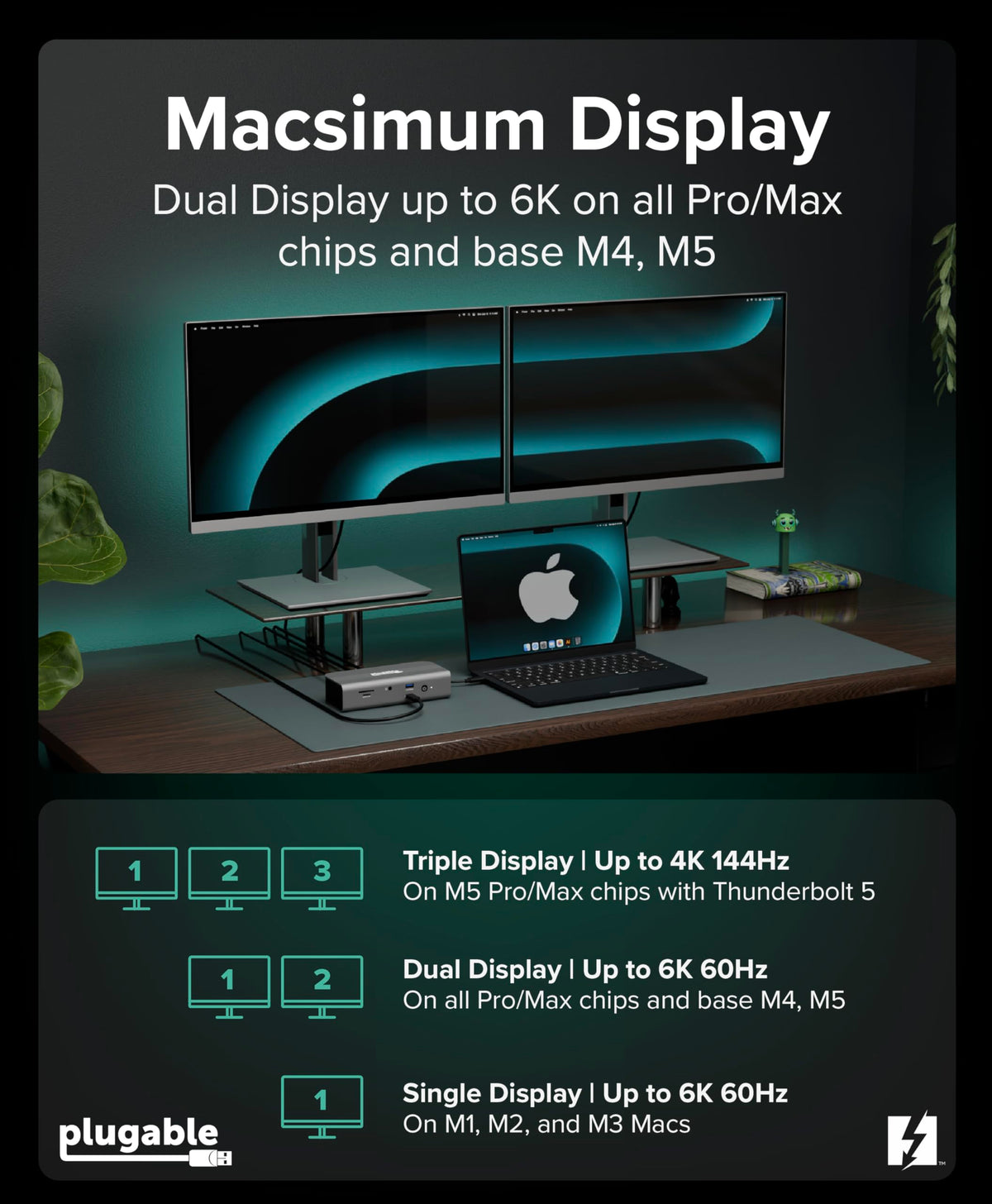 Plugable TBT-UDT3 top view on desk with compact 11-in-1 hub.