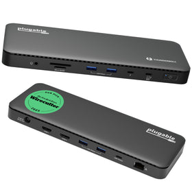 Plugable TBT4-UD5 front view showcasng compact dock for versatile laptop setup