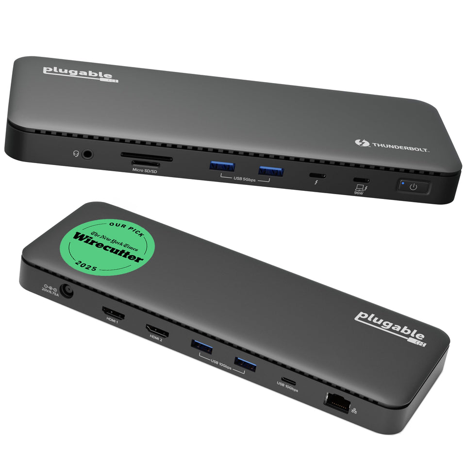 Plugable TBT4-UD5 front view showcasng compact dock for versatile laptop setup
